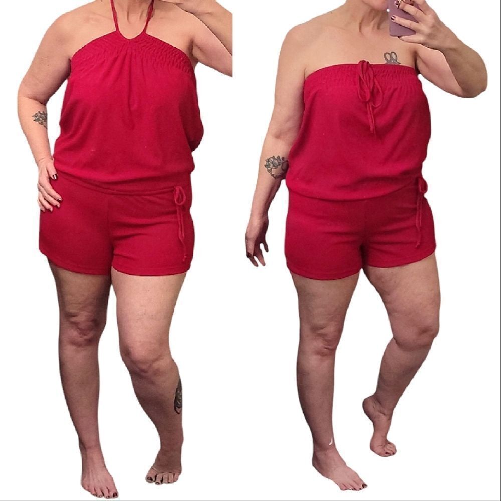 VTG Y2K Classic Red Terrycloth Strapless Halter Romper Shorts Large